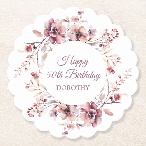 Personalized Burgundy Pink Floral 50th Birthday Paper Coaster