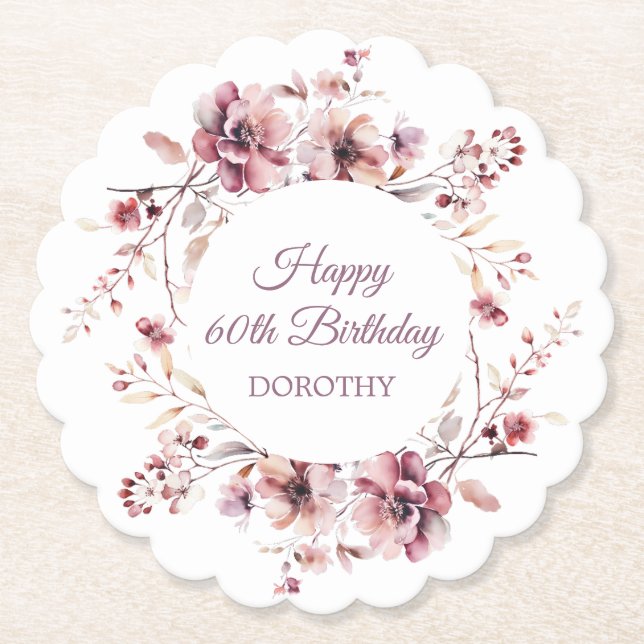 Personalized Burgundy Pink Floral 60th Birthday Paper Coaster (Front)