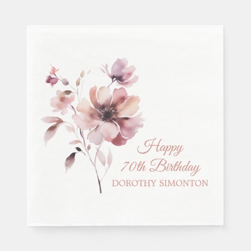 Personalized Burgundy Pink Floral 70th Birthday Napkins