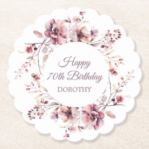 Personalized Burgundy Pink Floral 70th Birthday Paper Coaster