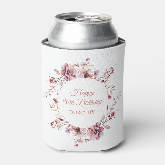 Personalized Burgundy Pink Floral 90th Birthday Can Cooler (Can Front)