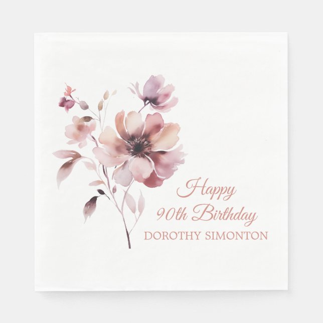 Personalized Burgundy Pink Floral 90th Birthday Napkins (Front)