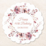 Personalized Burgundy Pink Floral 90th Birthday Paper Coaster<br><div class="desc">Add a pretty touch to your party decor with this personalized burgundy and dusty pink floral paper coaster. An elegant watercolor wreath decorates the front. Three lines of text allow you to personalize the coaster. Two decorative traditional fonts create a harmonious design. I chose Happy 90th birthday and then the...</div>