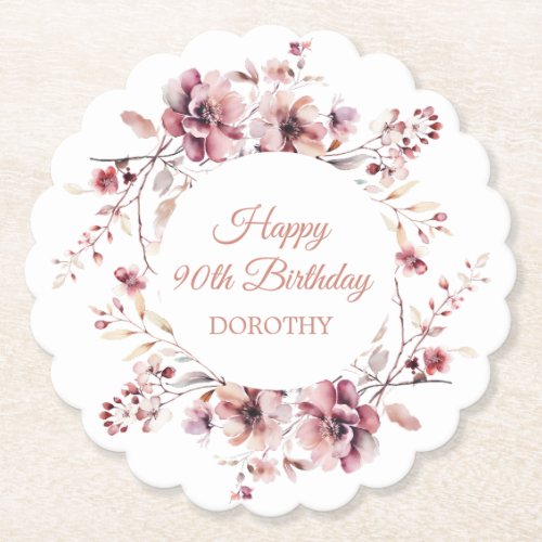 Personalized Burgundy Pink Floral 90th Birthday Paper Coaster