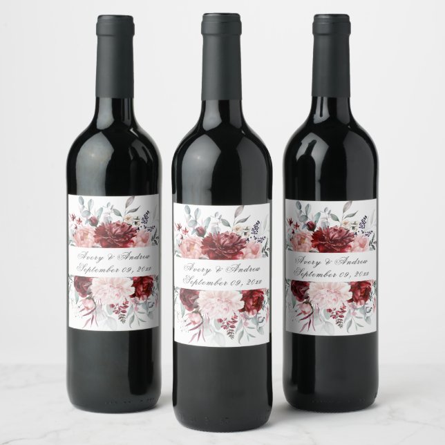 Personalized Burgundy Pink Wedding Wine Label (Bottles)