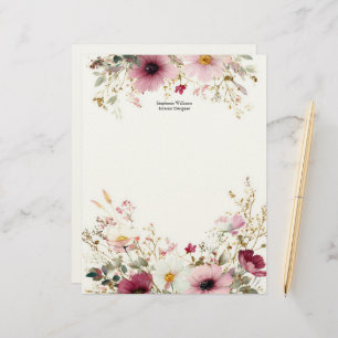 Personalized Burgundy Pink Wildflowers Florals Letterhead
