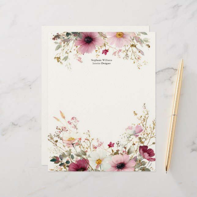 Personalized Burgundy Pink Wildflowers Florals  Letterhead (Front/Back In Situ)