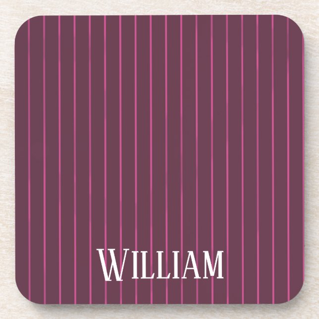 Personalized burgundy pinstripes beverage coaster (Front)