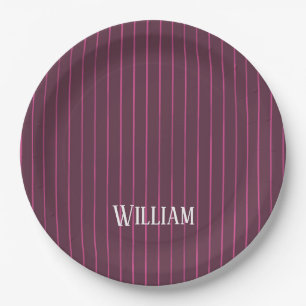 Personalized burgundy pinstripes paper plates