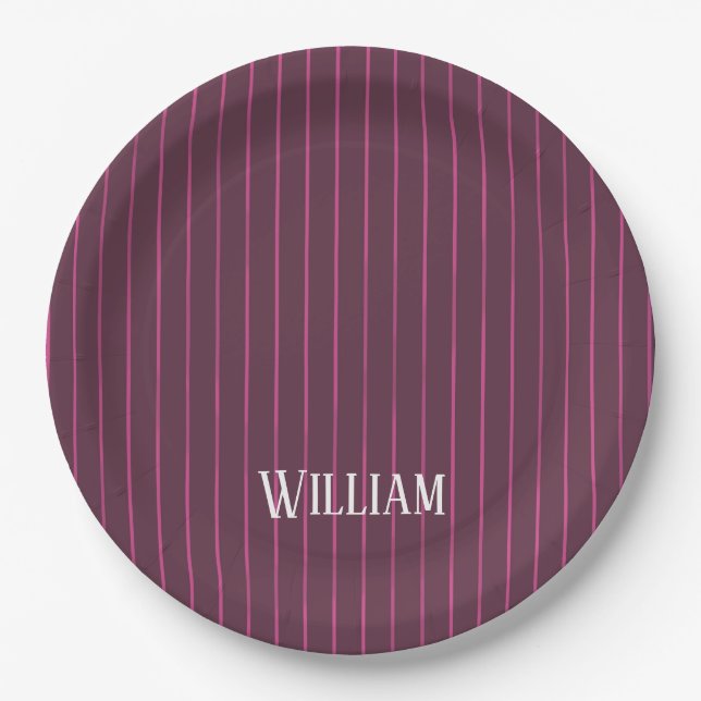Personalized burgundy pinstripes paper plates (Front)