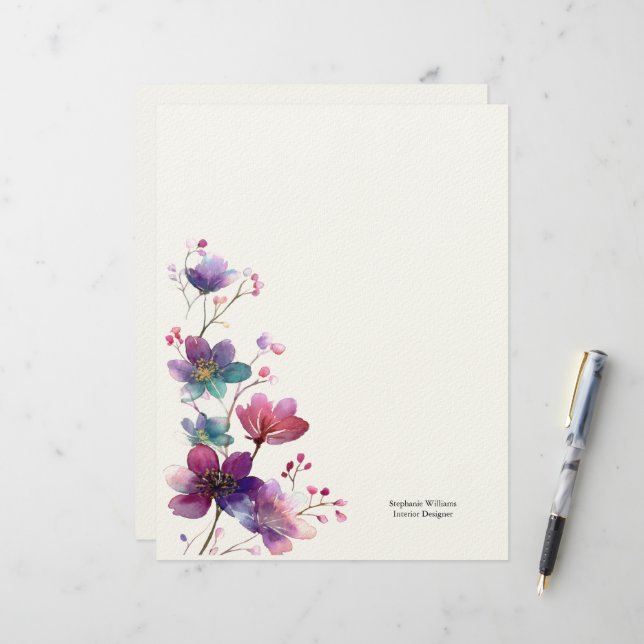 Personalized Burgundy Purple Wildflowers Florals  Letterhead (Front/Back In Situ)