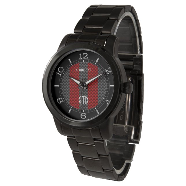 Personalized Burgundy Red Carbon Style Stripes Watch (Angled)