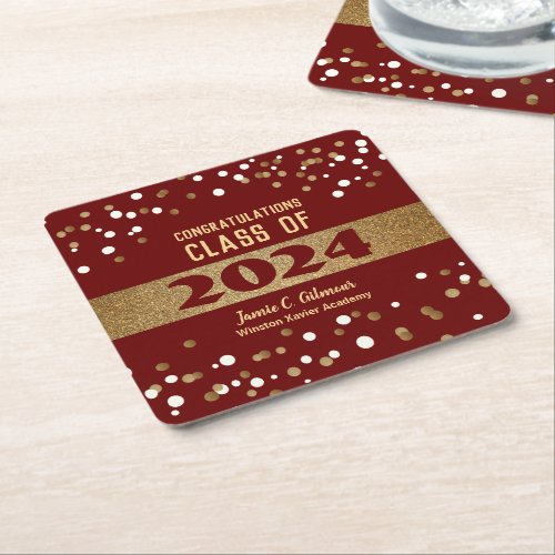 Personalized Burgundy red Class of 2024 Graduation Square Paper Coaster