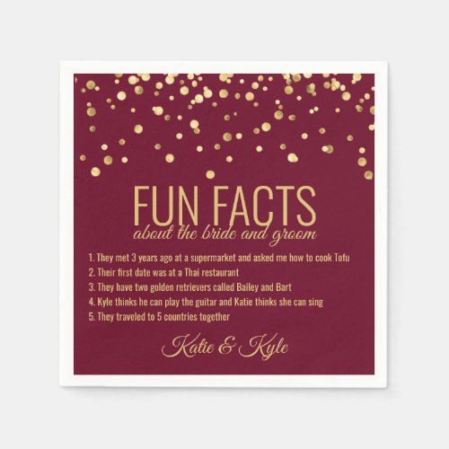 Personalized BURGUNDY RED Gold Confetti FUN FACTS Napkins