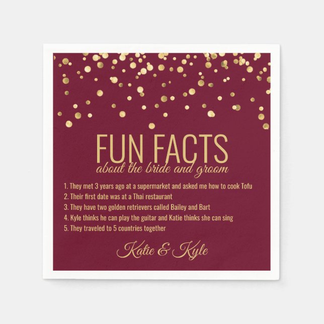 Personalized BURGUNDY RED Gold Confetti FUN FACTS Napkins (Front)