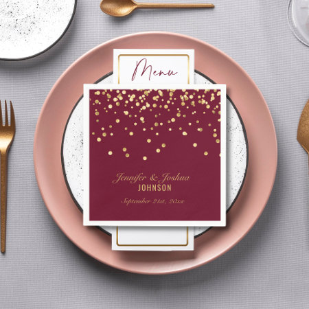 Personalized Burgundy Red Gold Confetti Wedding Napkins