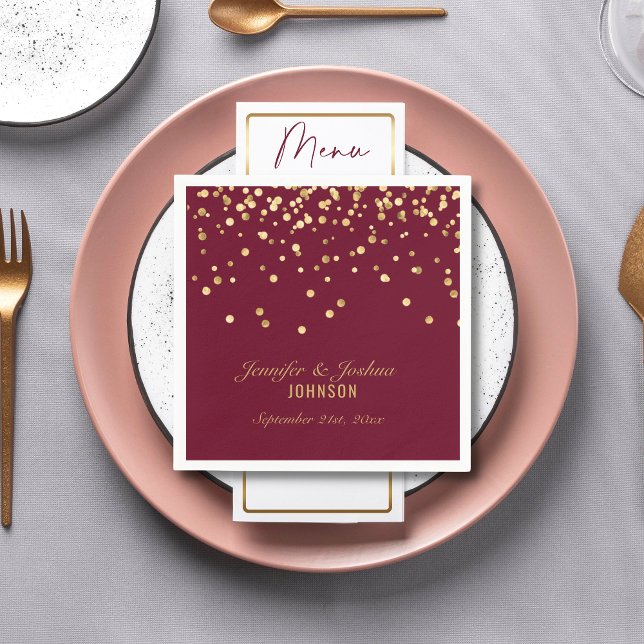 Personalized BURGUNDY Red Gold Confetti Wedding Napkins (Creator Uploaded)