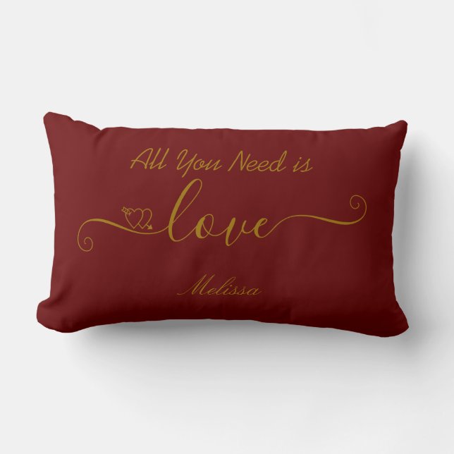 Personalized Burgundy Red Gold Love Quote Lumbar Pillow (Front)