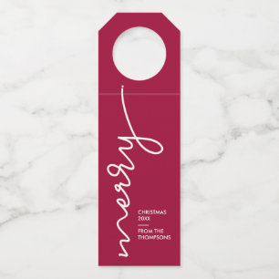 Personalized Burgundy Red Merry Christmas Script Bottle Hanger Tag