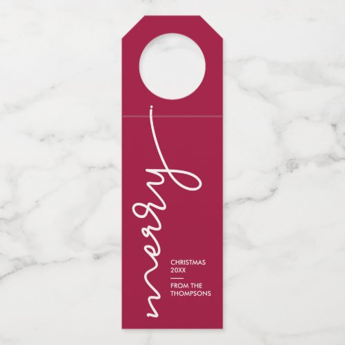 Personalized Burgundy Red  Merry Christmas Script Bottle Hanger Tag