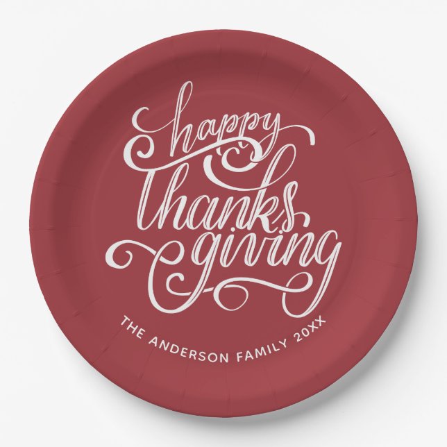 Personalized Burgundy Script Happy Thanksgiving Paper Plates (Front)