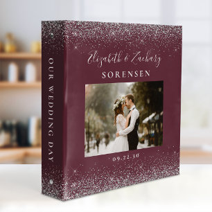 Personalized Burgundy Silver Glitter Wedding Photo 3 Ring Binder
