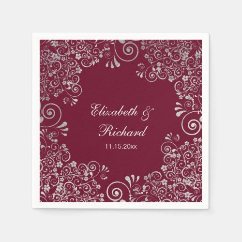 Personalized Burgundy Silver Gray Script Wedding Napkins