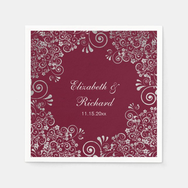 Personalized Burgundy Silver Gray Script Wedding Napkins (Front)