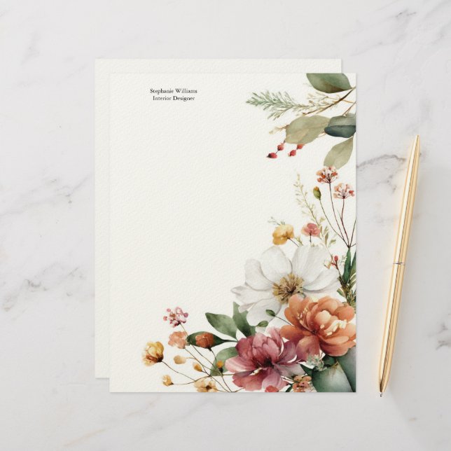 Personalized Burgundy Teal White Florals  Letterhead (Front/Back In Situ)