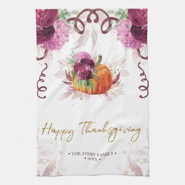 Personalized Burgundy Thanksgiving Kitchen Towel (Vertical)