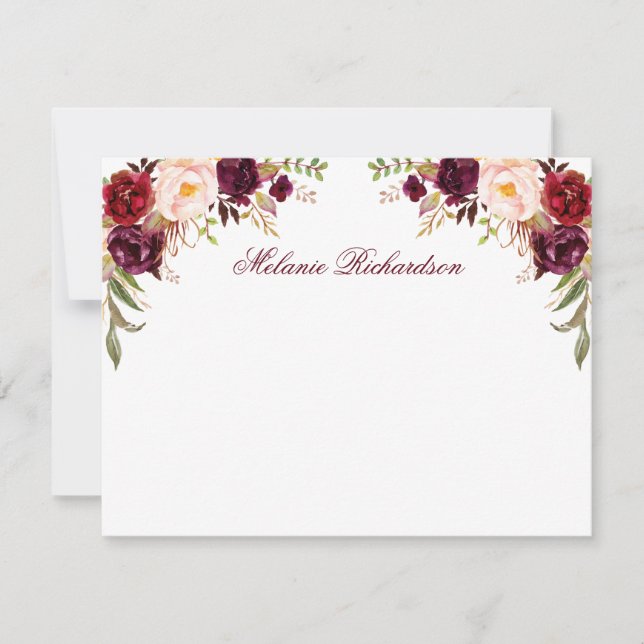 Personalized Burgundy Watercolor Floral Note Card (Front)