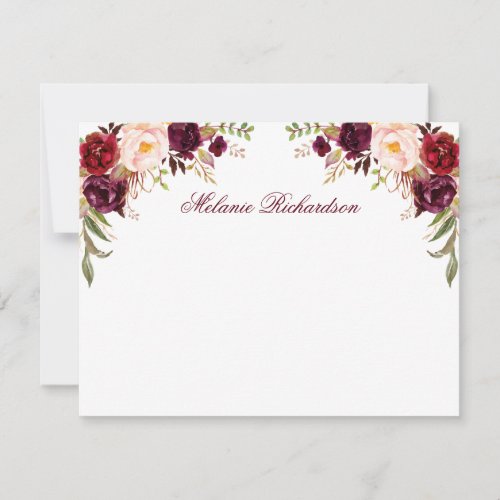 Personalized Burgundy Watercolor Floral Note Card