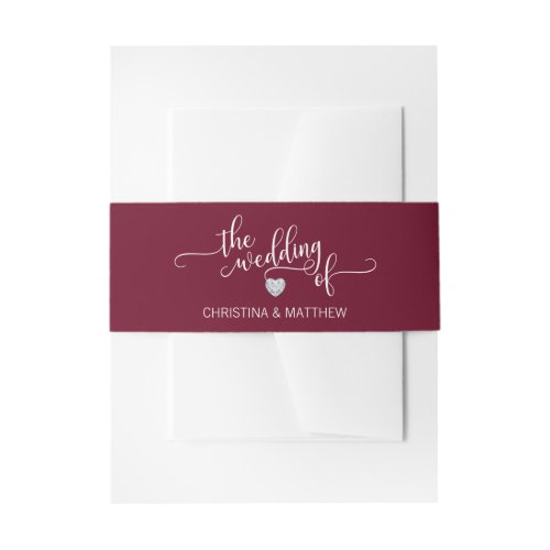 Personalized BURGUNDY White Diamond Heart Wedding Invitation Belly Band