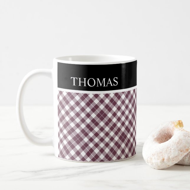 Personalized Burgundy White Gingham Custom Name Coffee Mug (With Donut)