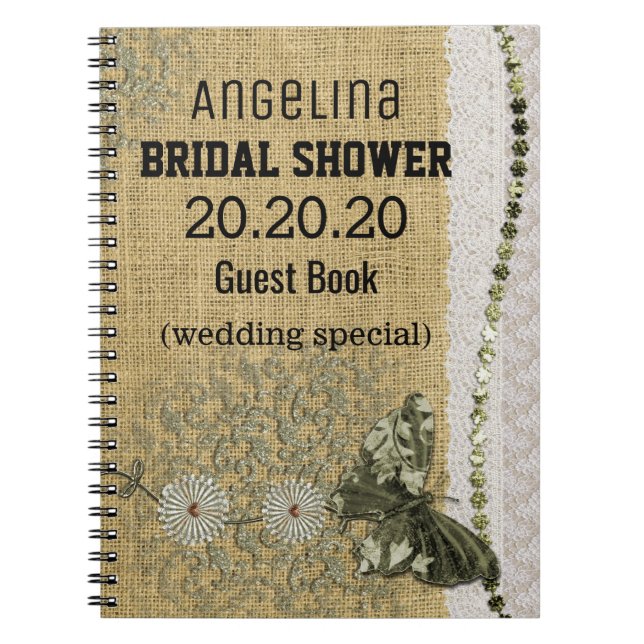 Personalized Burlap and Lace Image Bridal Shower Notebook (Front)