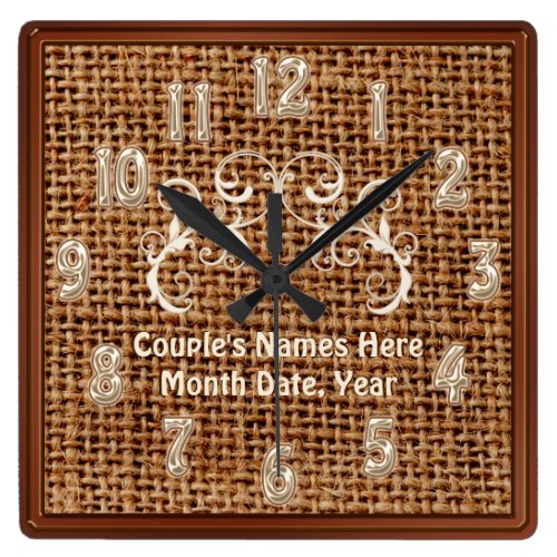 Personalized Burlap and Lace Rustic Wedding Gifts Square Wallclocks