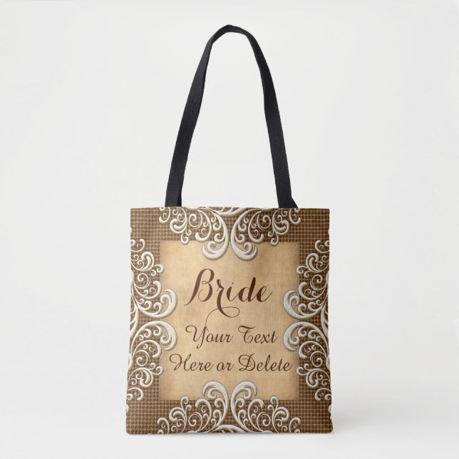 Personalized Burlap and Lace Wedding Gifts Tote Bag (Front)