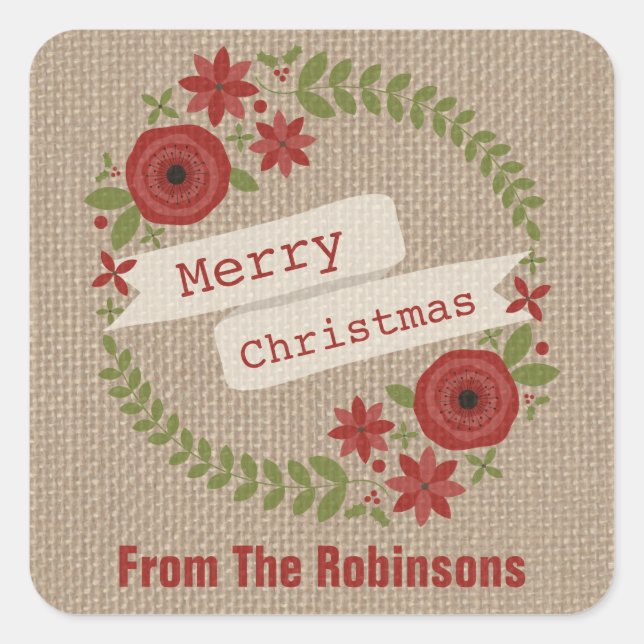 Personalized Burlap Inspired Wreath Christmas Square Sticker (Front)