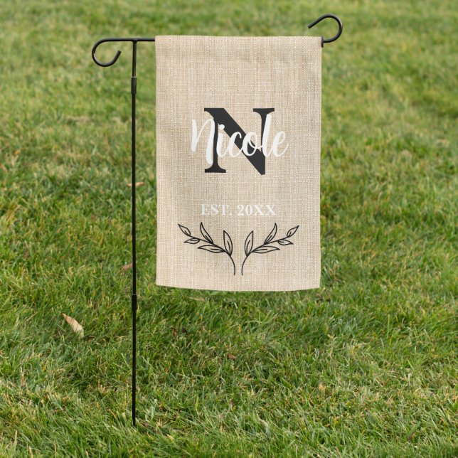 Personalized Burlap Last Initial Name Monogram Garden Flag (In SItu)