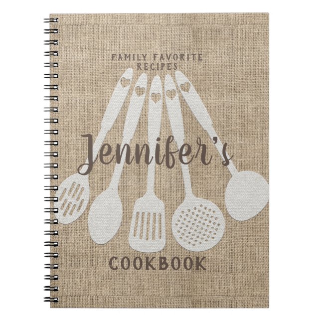 Personalized Burlap Look Recipe Cookbook Notebook (Front)
