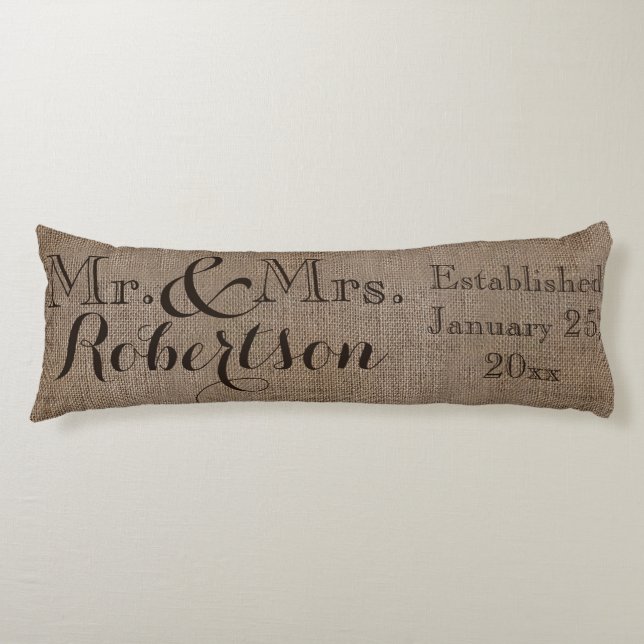 Personalized Burlap-Look Rustic Wedding Keepsake Body Pillow (Front)