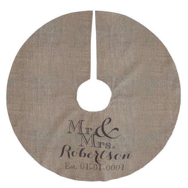 Personalized Burlap-Look Rustic Wedding Keepsake Brushed Polyester Tree Skirt (Front)