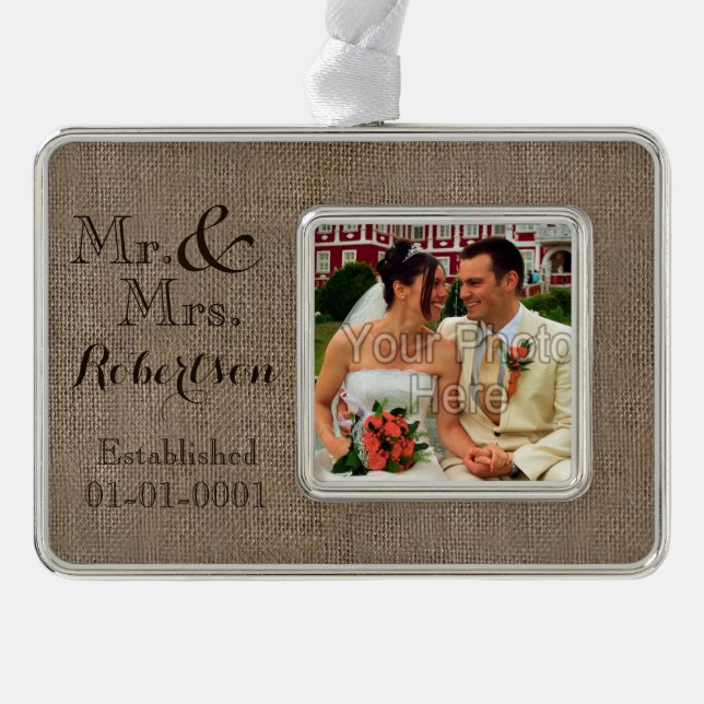 Personalized Burlap-Look Rustic Wedding Keepsake Christmas Ornament (Front)