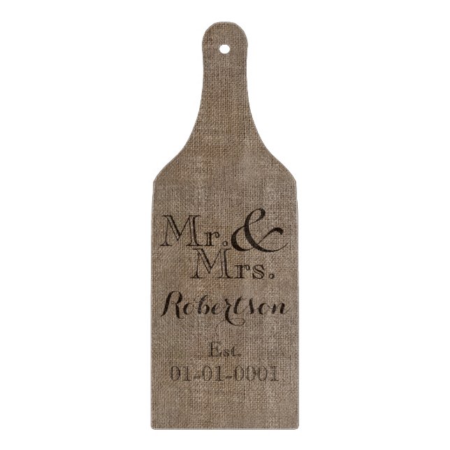 Personalized Burlap-Look Rustic Wedding Keepsake Cutting Board (Front)