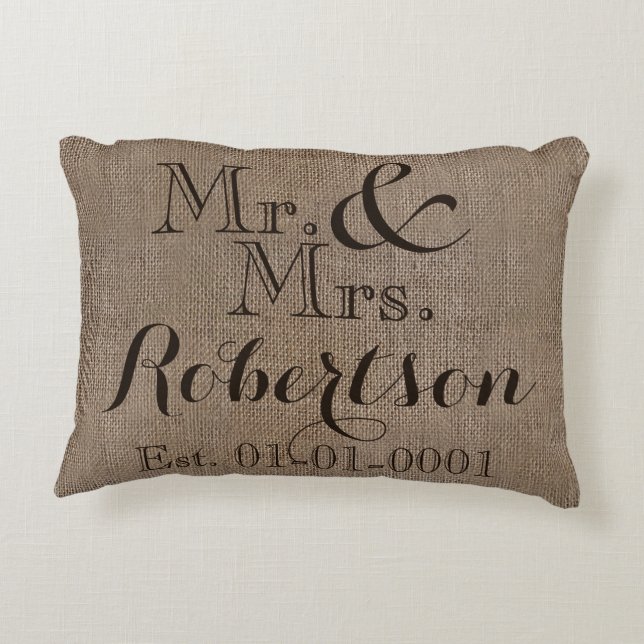 Personalized Burlap-Look Rustic Wedding Keepsake Decorative Pillow (Back)