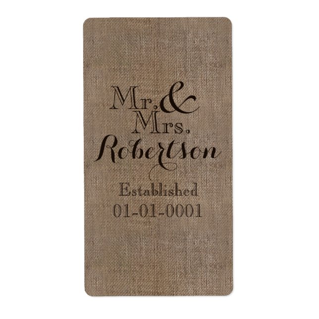 Personalized Burlap-Look Rustic Wedding Keepsake Label (Front)