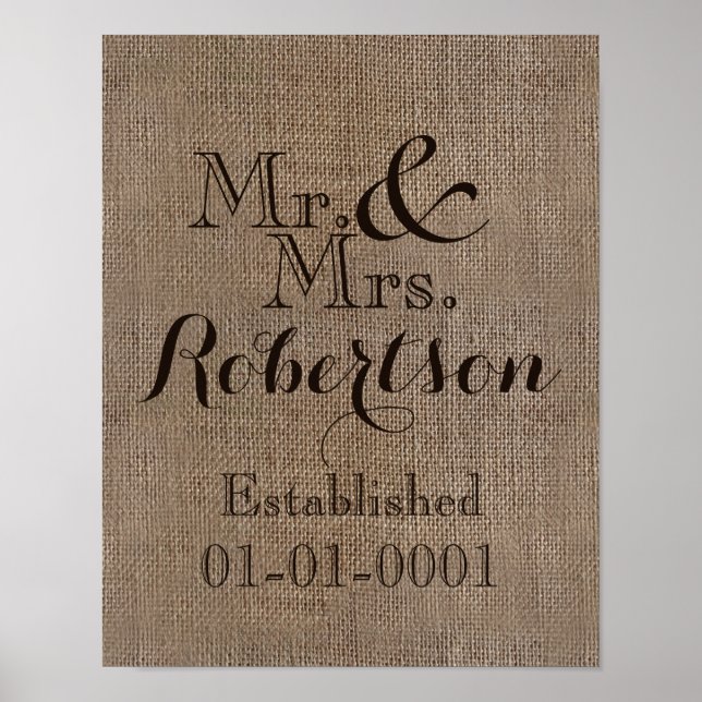 Personalized Burlap-Look Rustic Wedding Keepsake Poster (Front)