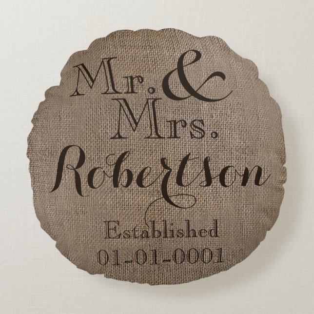 Personalized Burlap-Look Rustic Wedding Keepsake Round Pillow (Front)