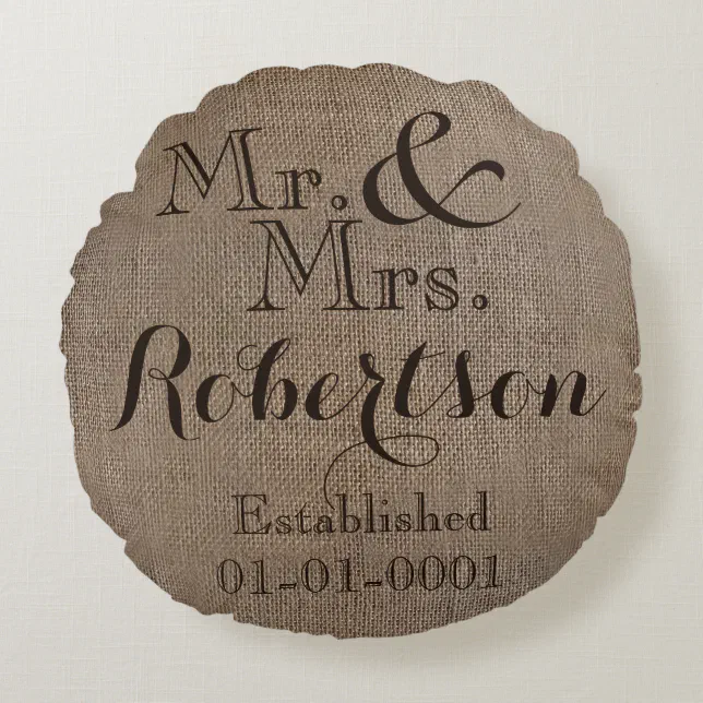 Personalized Burlap Look Rustic Wedding Keepsake Round Pillow Zazzle