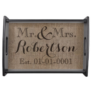 Personalized Burlap-Look Rustic Wedding Keepsake Serving Tray